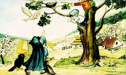 Wiosn Malutka Czarownica spacerowaa z krukiem. Nagle zobaczya chopcw na drzewie. Chcieli zniszczy ptasie gniazdo. Prosia ich, by tego nie robili, ale oni miali si tylko.