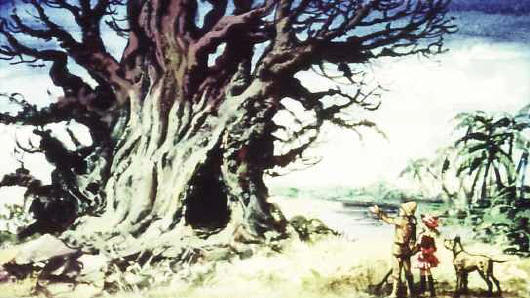 Wdrujc dzieci zobaczyy drzewo z ogromn dziupl. - To bardzo stary baobab. Wiesz co? Mam myl! Nazwiemy go "Krakowem" i przeczekamy por deszczow.
