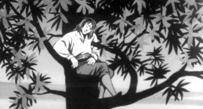 Pierwsz noc na wyspie, w obawie przed dzikimi zwierztami Robinson spdzi na drzewie.